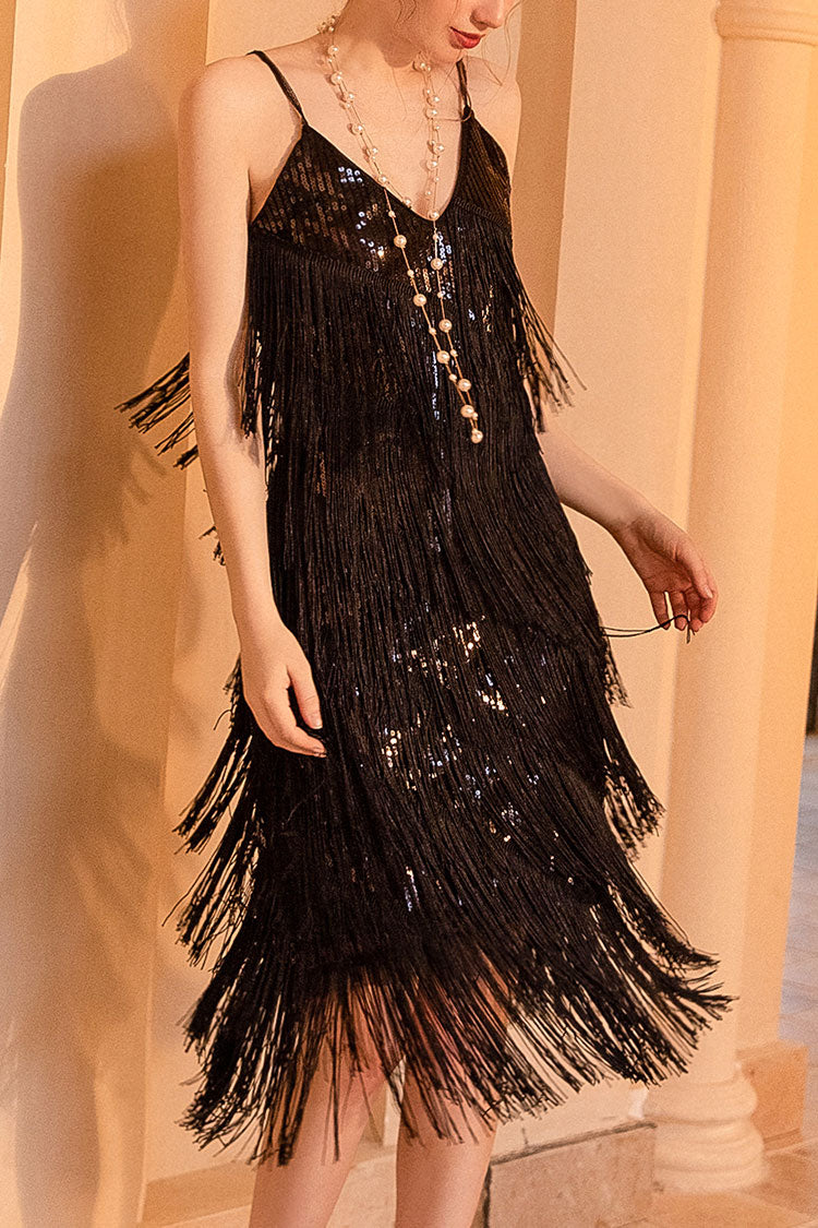 1920s Gatsby V Neck Sequined Layered Fringe Flapper Midi Dress Black Lady Occasions