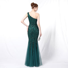 Emily formal one-shoulder sequined mesh fishtail dress - Lady Occasions