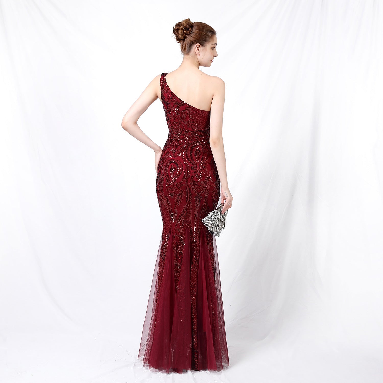 Emily formal one-shoulder sequined mesh fishtail dress - Lady Occasions