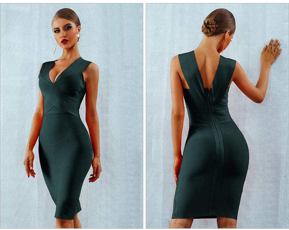 Midstrap V-Neck Bodycon Bandage Dress