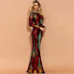 Scarlet Shimmering Brocade Sequin Backless Dress