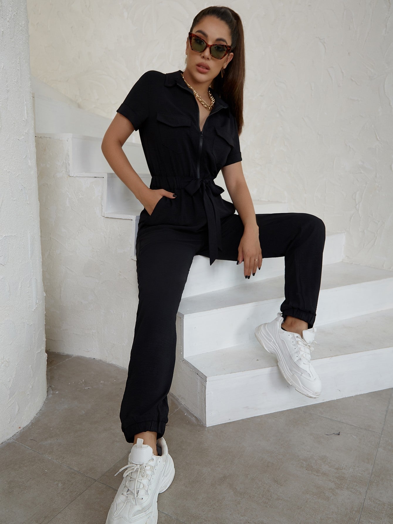 Zip Up Tie Front Jogger Jumpsuit