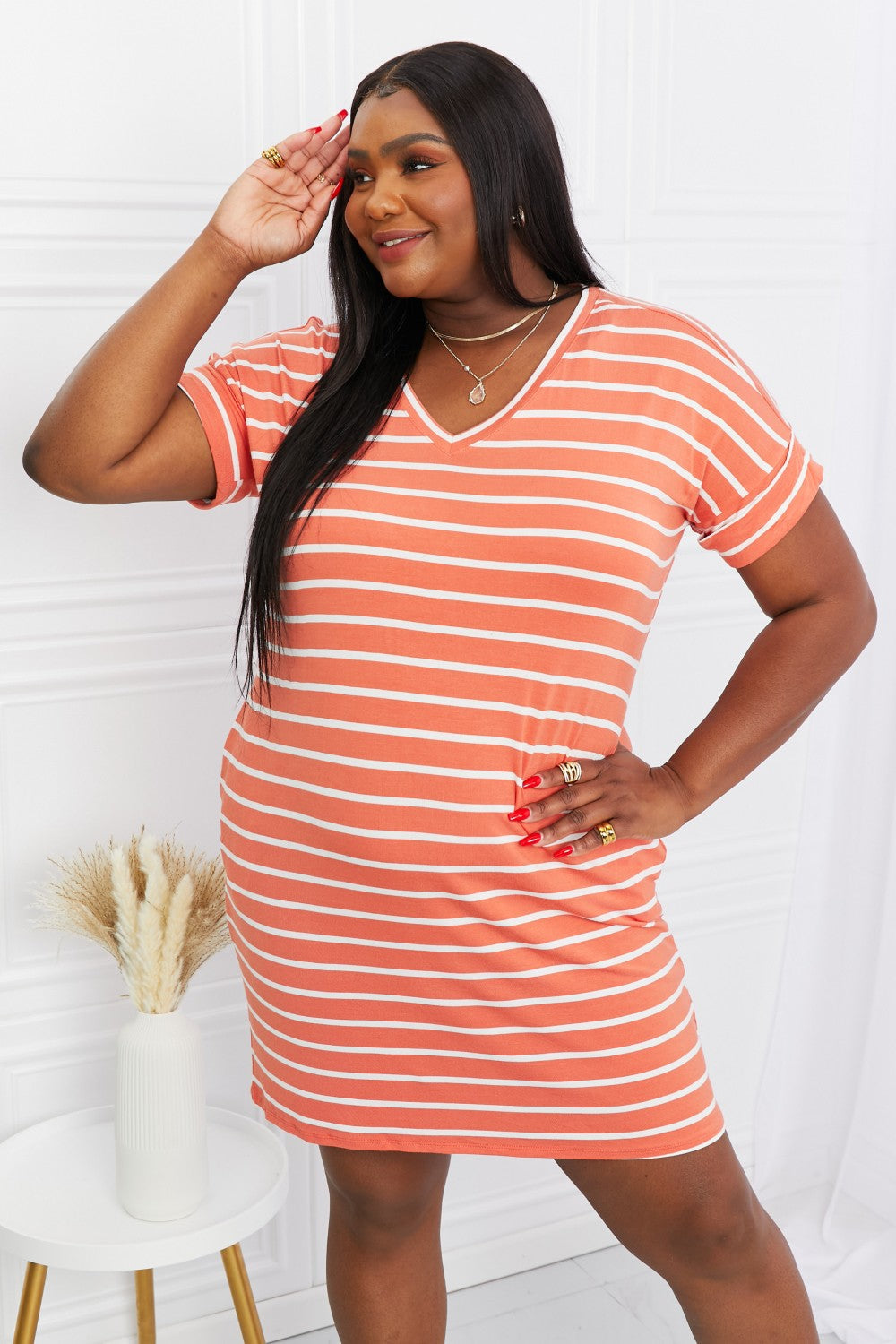 Zenana Full Size Striped V-Neck Pocket Dress