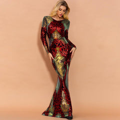 Scarlet Shimmering Brocade Sequin Backless Dress