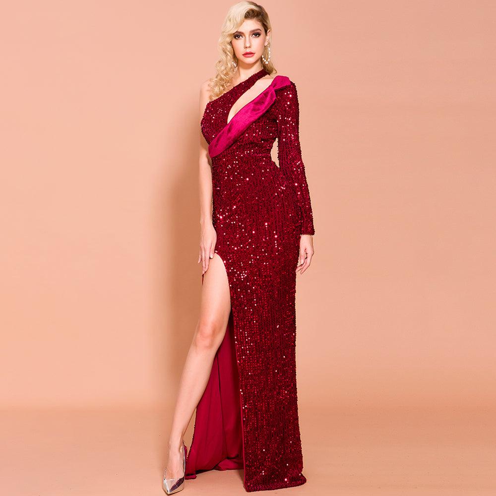 High Elegance Single Shoulder High Split Maxi Dress