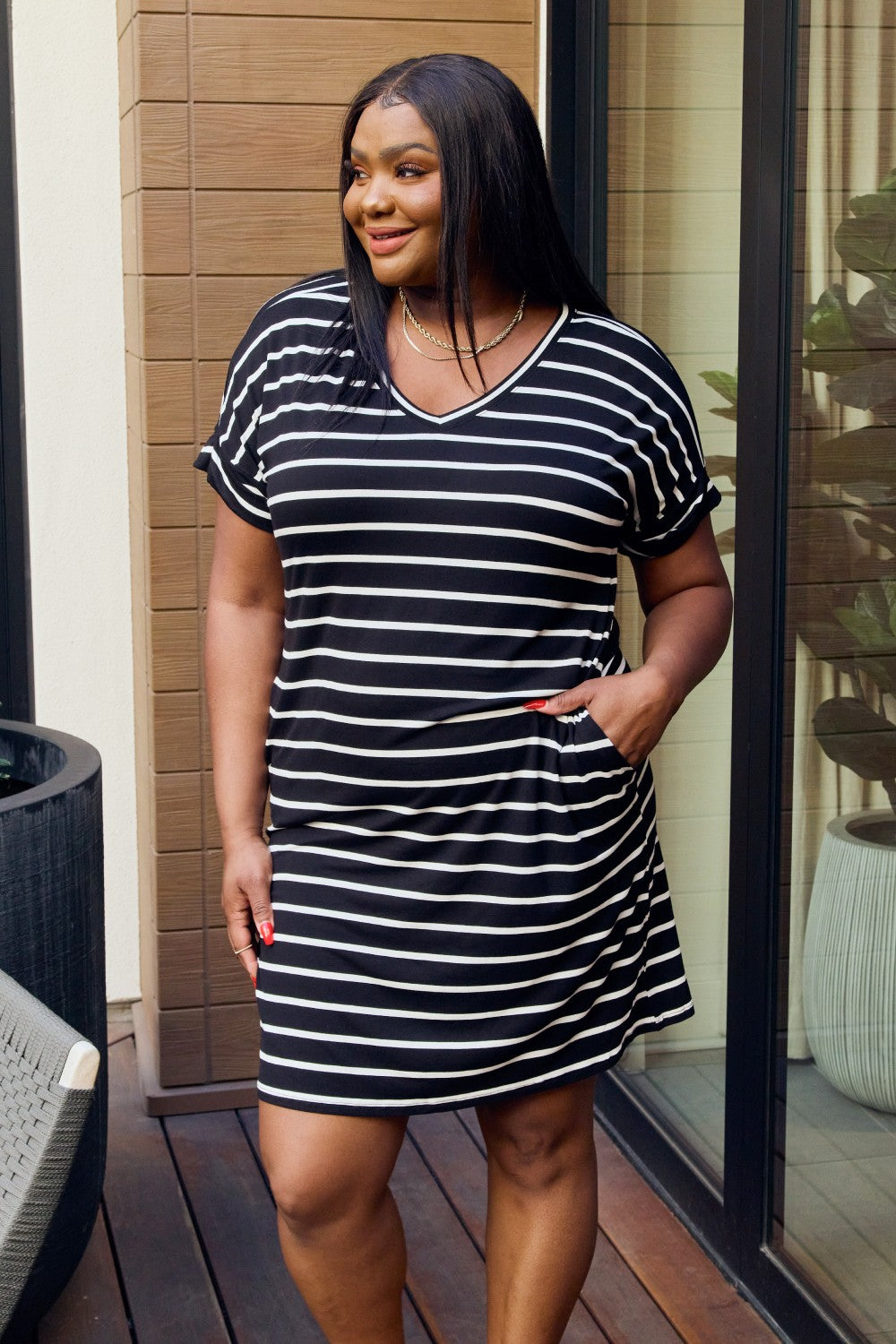 Zenana Full Size Striped V-Neck Pocket Dress in Black/Ivory