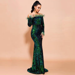 Emerald Green Feathered Mermaid Sequins Dress