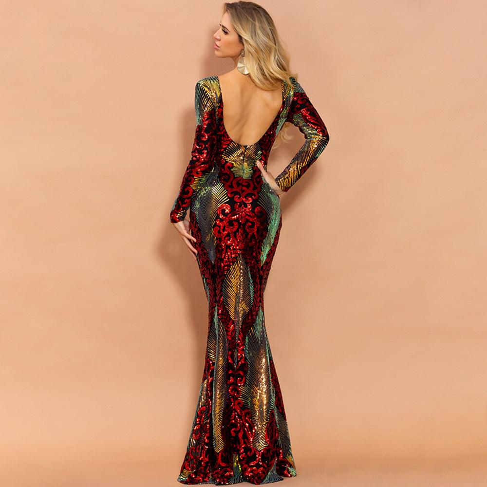 Scarlet Shimmering Brocade Sequin Backless Dress