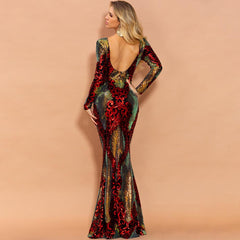 Scarlet Shimmering Brocade Sequin Backless Dress