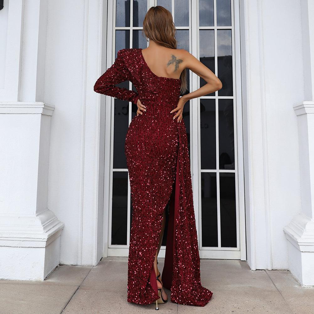 Single Ruffled Shoulder Sequins Maxi Dress