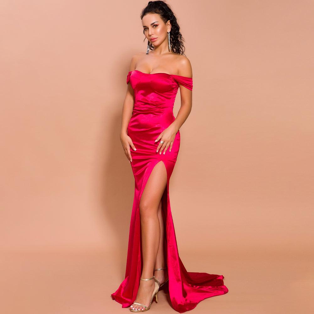 Silky Scarlet Red Off Shoulder Maxi Dress