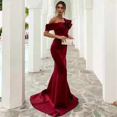 Ruffled Single Shoulder Evening Dress