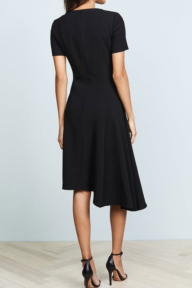 Asymmetrical Crew Neck Short Sleeve Fit & Flare Skater Midi Dress - Black