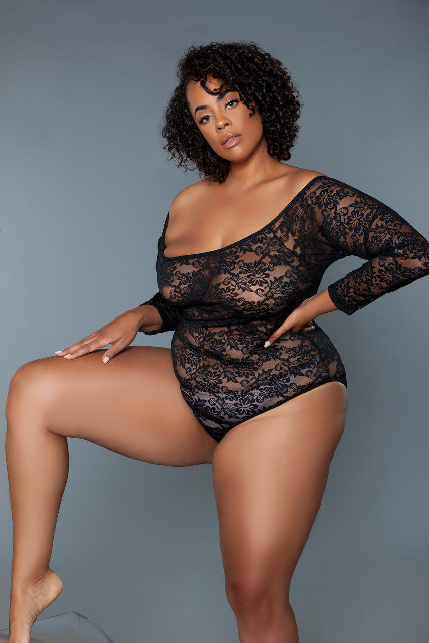 Black Scooped Neck Long Sleeves Bodysuit | Plus Size