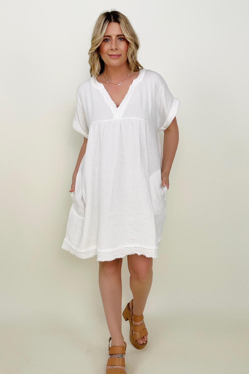 Zenana Gauze Short Sleeve Raw Edge V-Neck Dress