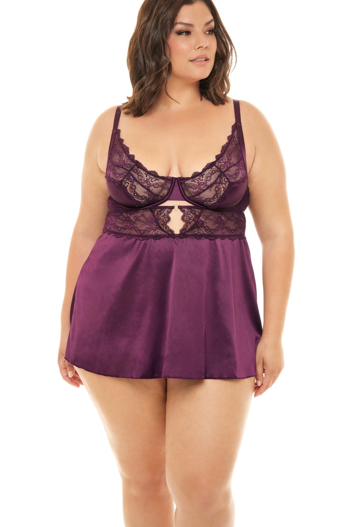 Plus Size Swoop Neck Lace Teddy Dress With Keyhole Detail