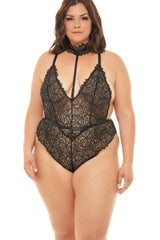 Plus Size Deep V-Plunge Teddy With Attached Lace Choker