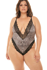 Plus Size Leopard Satin Deep V-Plunge Eyelash Teddy