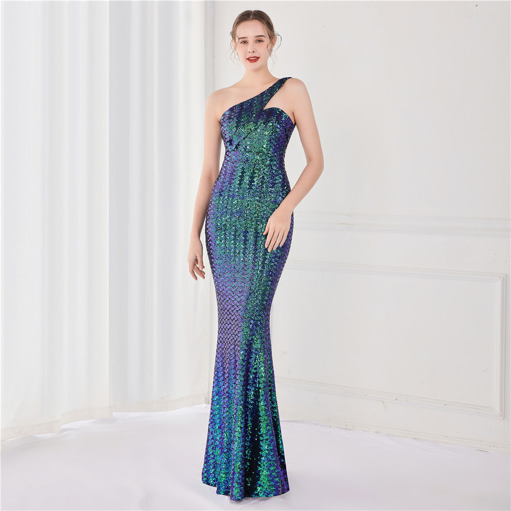 Victoria Formal One-Shoulder Sequined Fishtail Dress - Lady Occasions