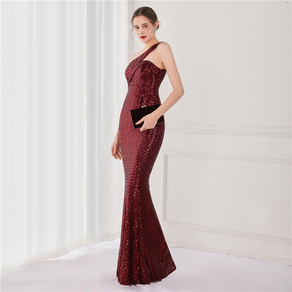 Victoria Formal One-Shoulder Sequined Fishtail Dress - Lady Occasions