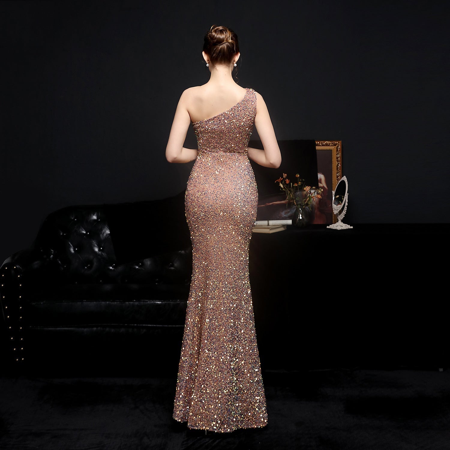 Heary dazzling sequined one-shoulder asymmetric dress - Lady Occasions