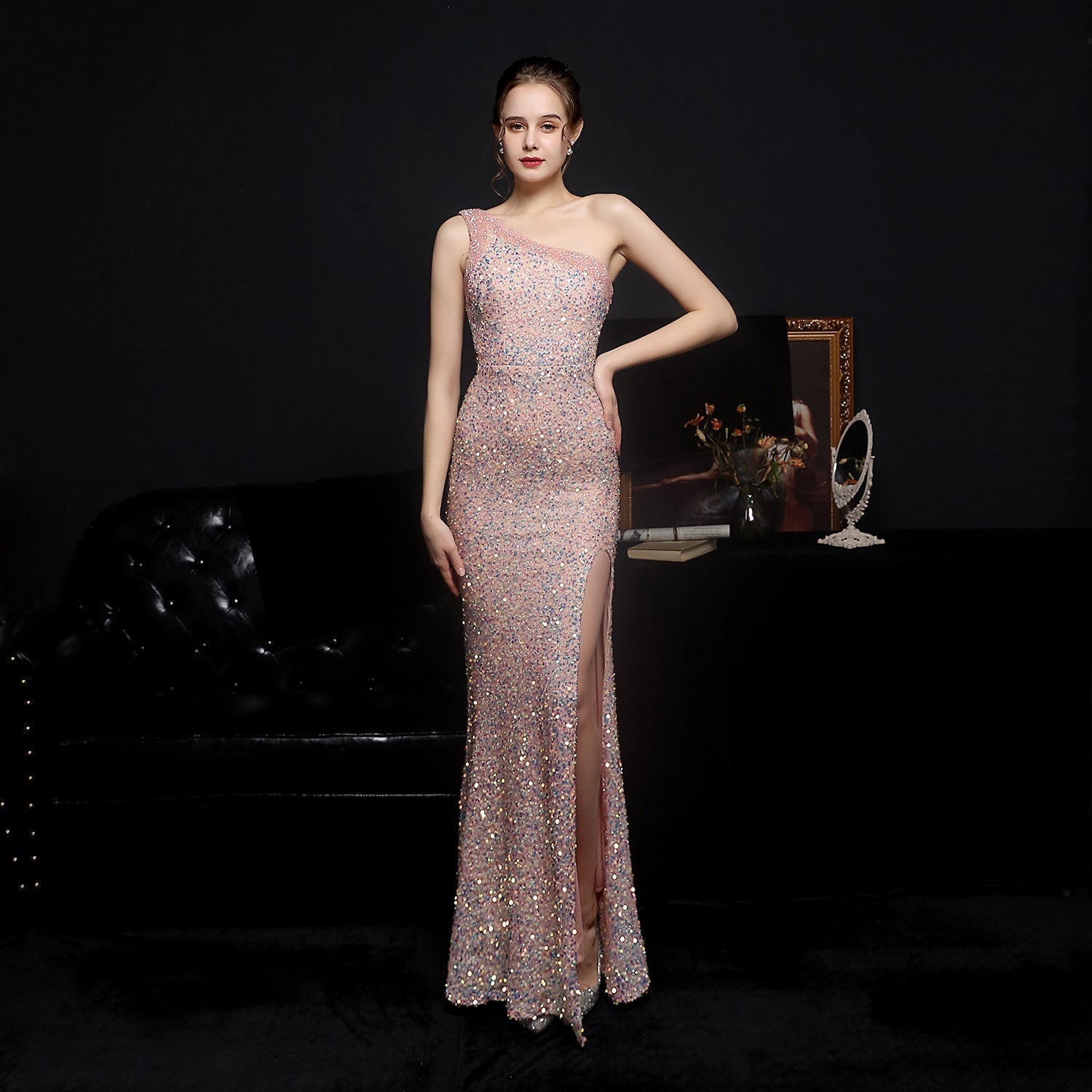 Heary dazzling sequined one-shoulder asymmetric dress - Lady Occasions