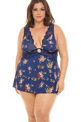 Plus Size Empire Waste Floral Print Babydoll With Deep V-Neckline