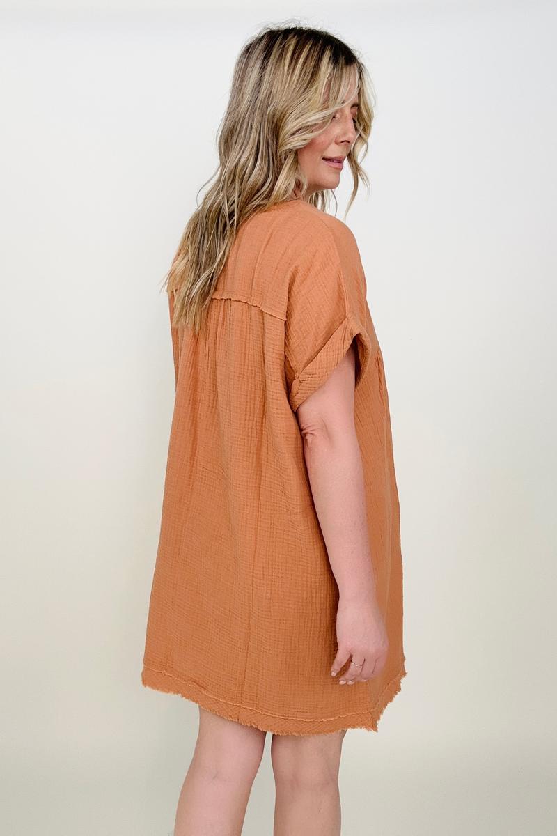 Zenana Gauze Short Sleeve Raw Edge V-Neck Dress