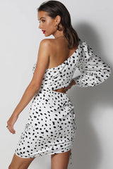 Animal Print Long Sleeve Cut Out One Shoulder Ruched Mini Dress - White