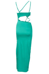Asymmetric Cutout Summer High Slit Slip Maxi Dress - Green