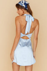 Asymmetric Halter Cowl Neck Twist Back Satin Mini Dress - Baby Blue