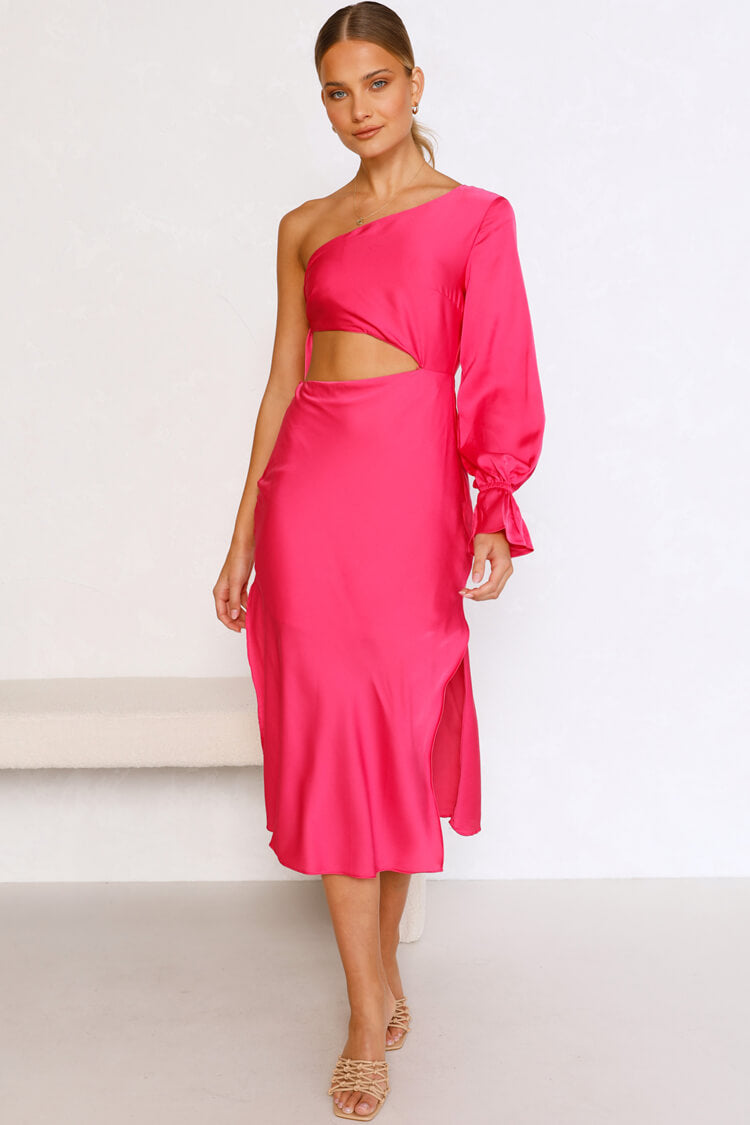 Asymmetric Tie Side Cutout Long Sleeve Split Midi Dress - Rose