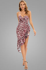 Asymmetrical Ruffle Satin Sweetheart Strapless Party Dress - Leopard