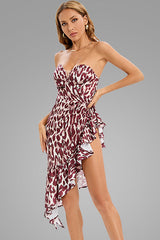 Asymmetrical Ruffle Satin Sweetheart Strapless Party Dress - Leopard