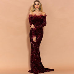 Crimson Red Feathered Mermaid Sequins Dress