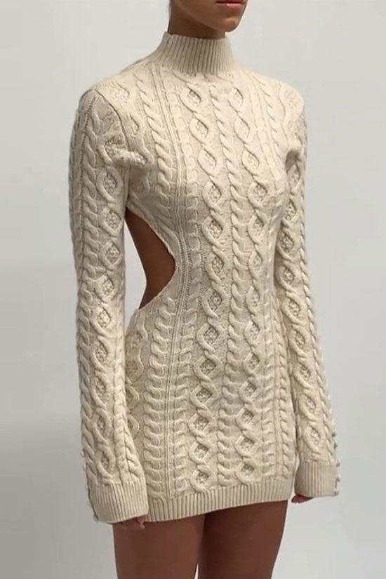 Backless High Neck Cable Knit Winter Sweater Mini Dress - Cream