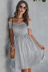 Breezy Off Shoulder Striped Printed Smocked Summer Mini Sundress - Gray