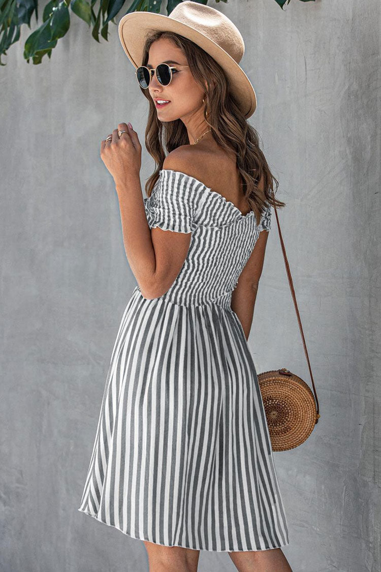 Breezy Off Shoulder Striped Printed Smocked Summer Mini Sundress - Gray