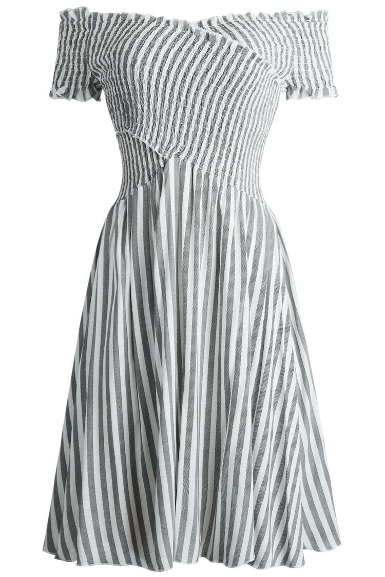 Breezy Off Shoulder Striped Printed Smocked Summer Mini Sundress - Gray