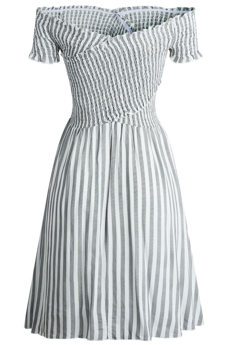 Breezy Off Shoulder Striped Printed Smocked Summer Mini Sundress - Gray