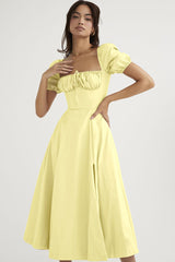 Breezy Off Shoulder Tie Front Puff Sleeve High Slit Midi Sundress - Yellow