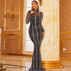 Silver Draping Sequins Long Sleeve Dress