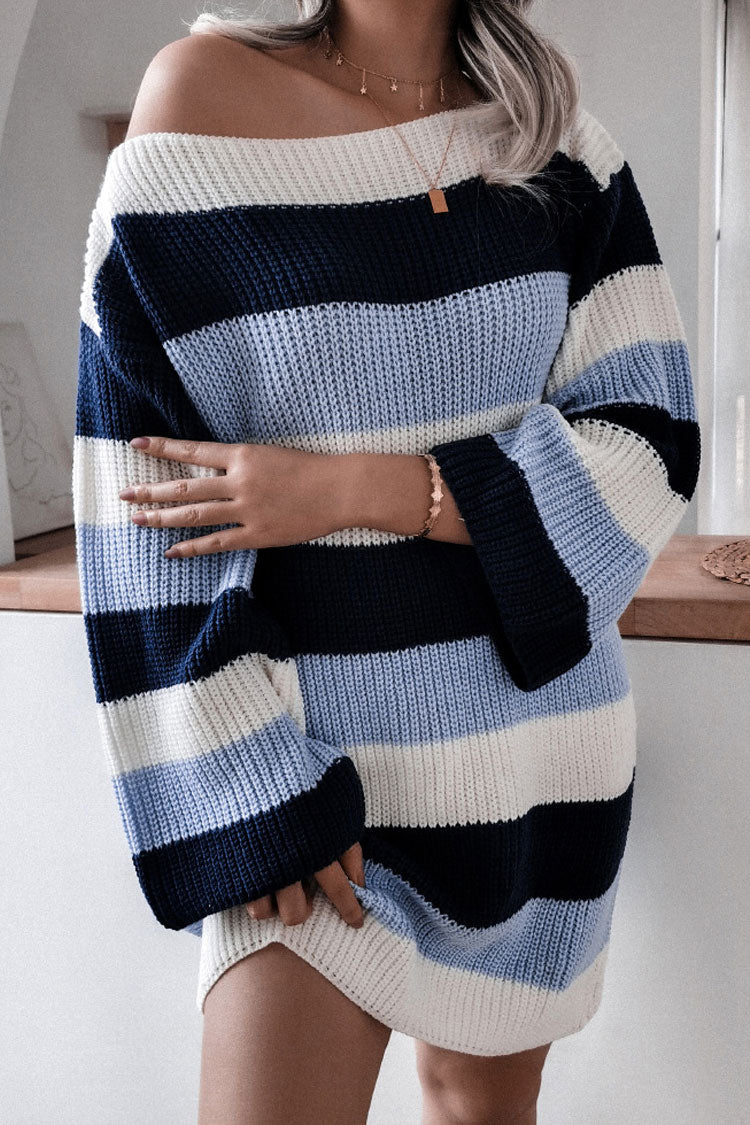 Casual Boat Neck Contrast Striped Oversized Pullover Sweater Mini Dress - Blue