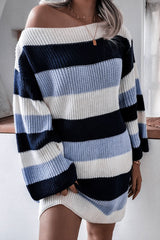 Casual Boat Neck Contrast Striped Oversized Pullover Sweater Mini Dress - Blue