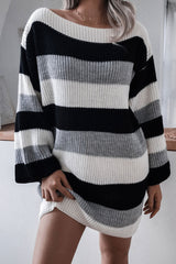 Casual Boat Neck Contrast Striped Oversized Pullover Sweater Mini Dress - Black