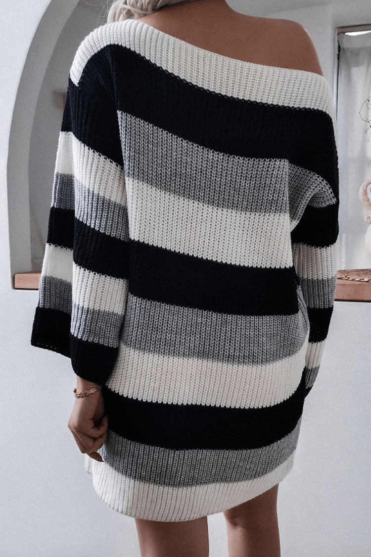 Casual Boat Neck Contrast Striped Oversized Pullover Sweater Mini Dress - Black