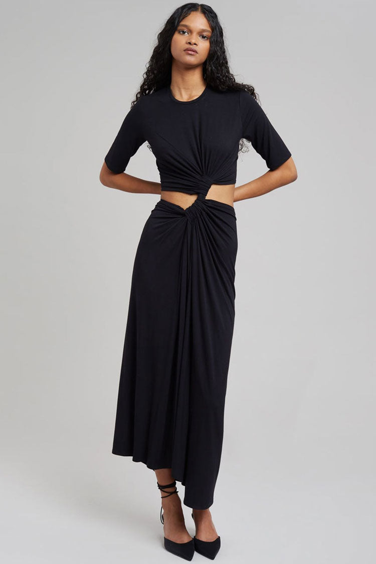 Casual Round Neck Short Sleeve Ruched Cutout Midi Dress - Black