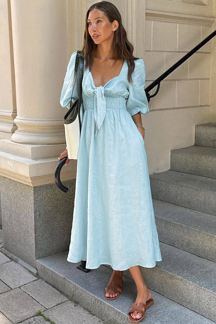 Casual Tie Front Puff Sleeve Linen Beach Vacation Midi Dress - Sky Blue