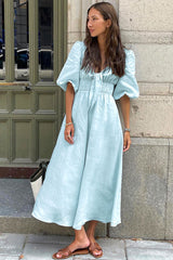 Casual Tie Front Puff Sleeve Linen Beach Vacation Midi Dress - Sky Blue