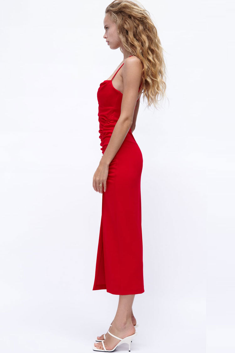 Chic Cowl Neck Tie Side Ruched Trim Split Slip Midi Dress - Red